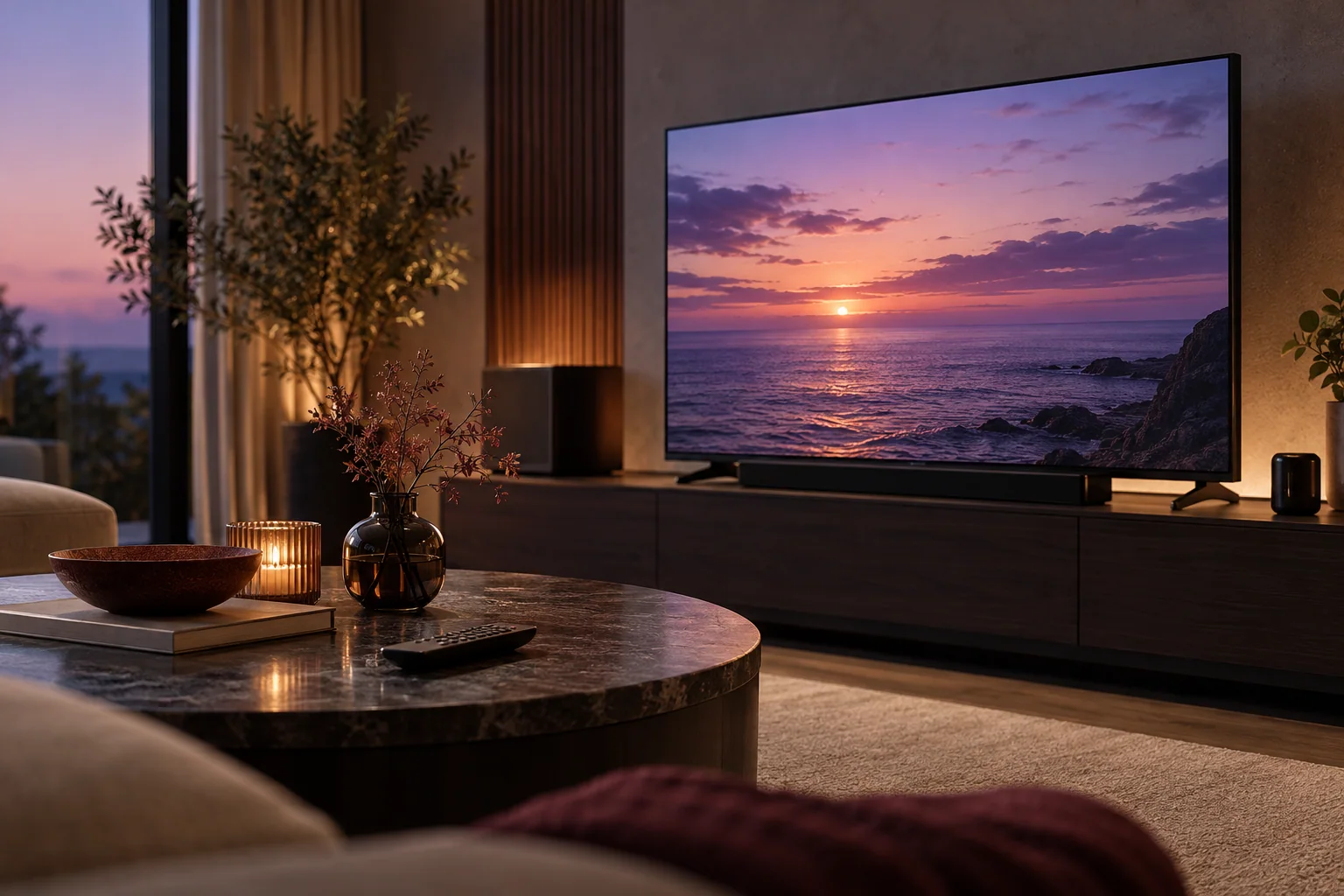 Fernseher mit einem violettblauen Abendhimmel.
