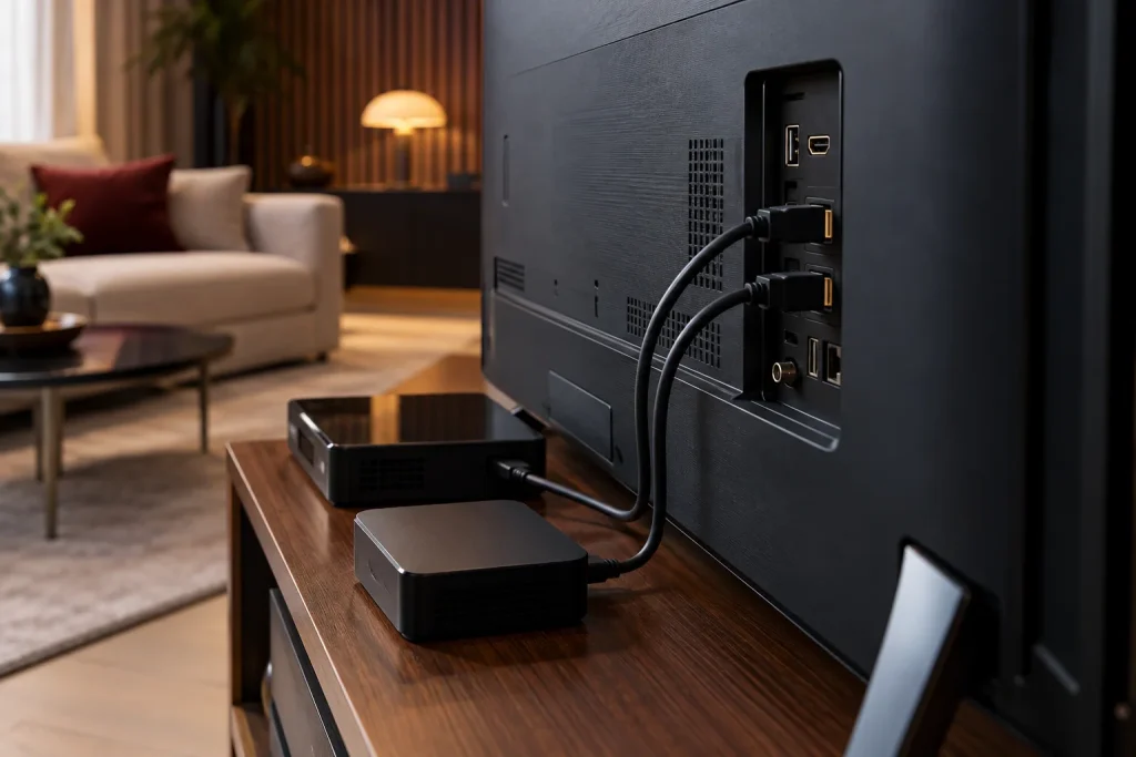 Zwei Zuspielgeraete an den HDMI-Eingaengen eines Fernsehers.