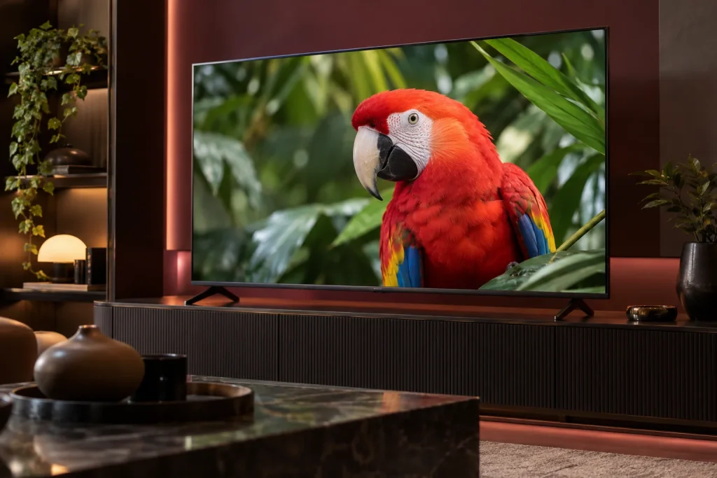 Fernseher mit einem roten Vogel vor einem Blattmotiv.