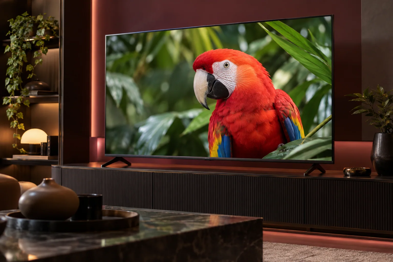 Fernseher mit einem roten Vogel vor einem Blattmotiv.