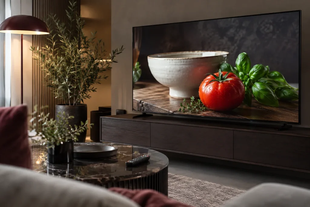 Fernseher mit weisser Keramik, Tomate und Kraeutern.