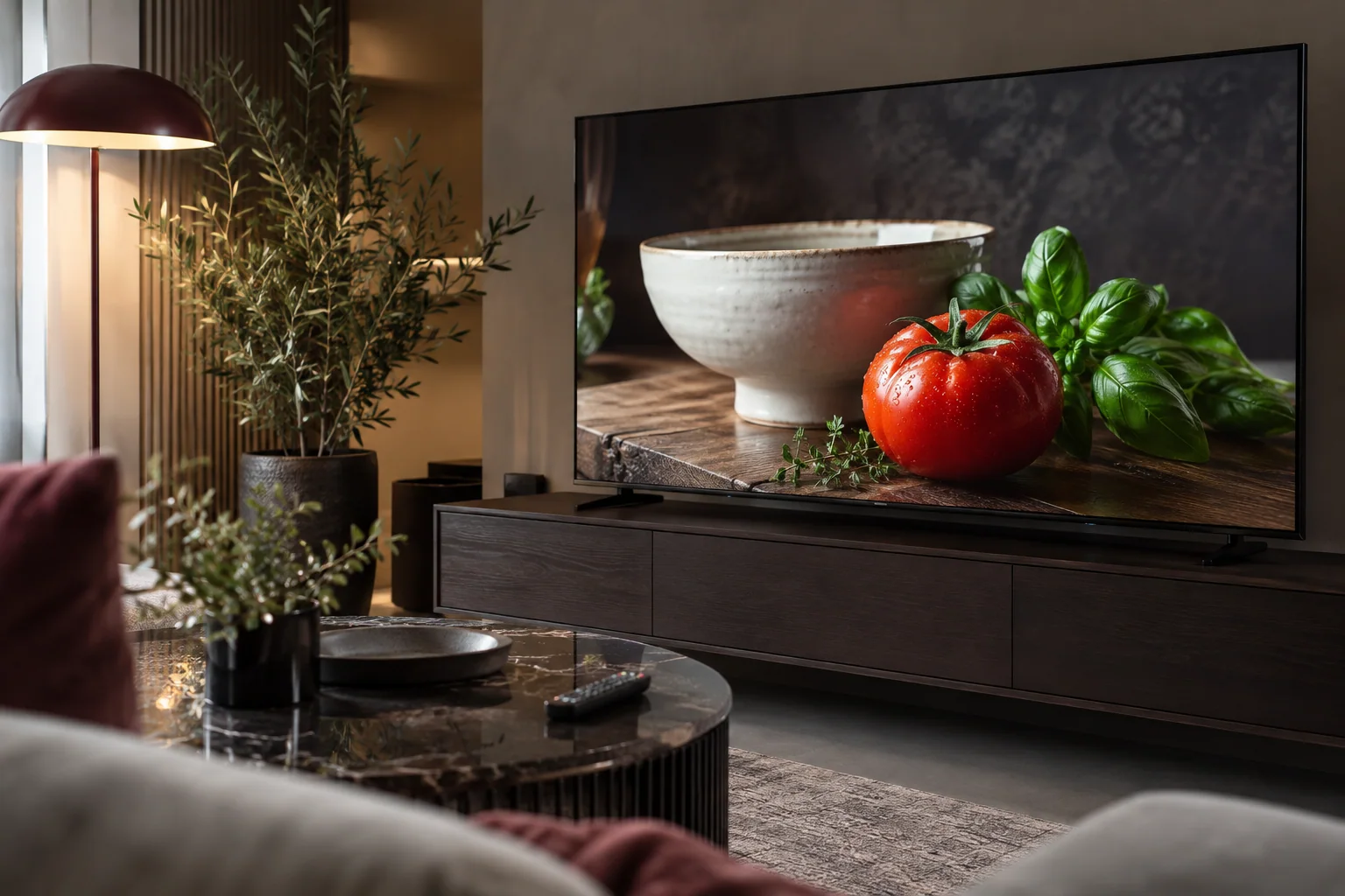 Fernseher mit weisser Keramik, Tomate und Kraeutern.