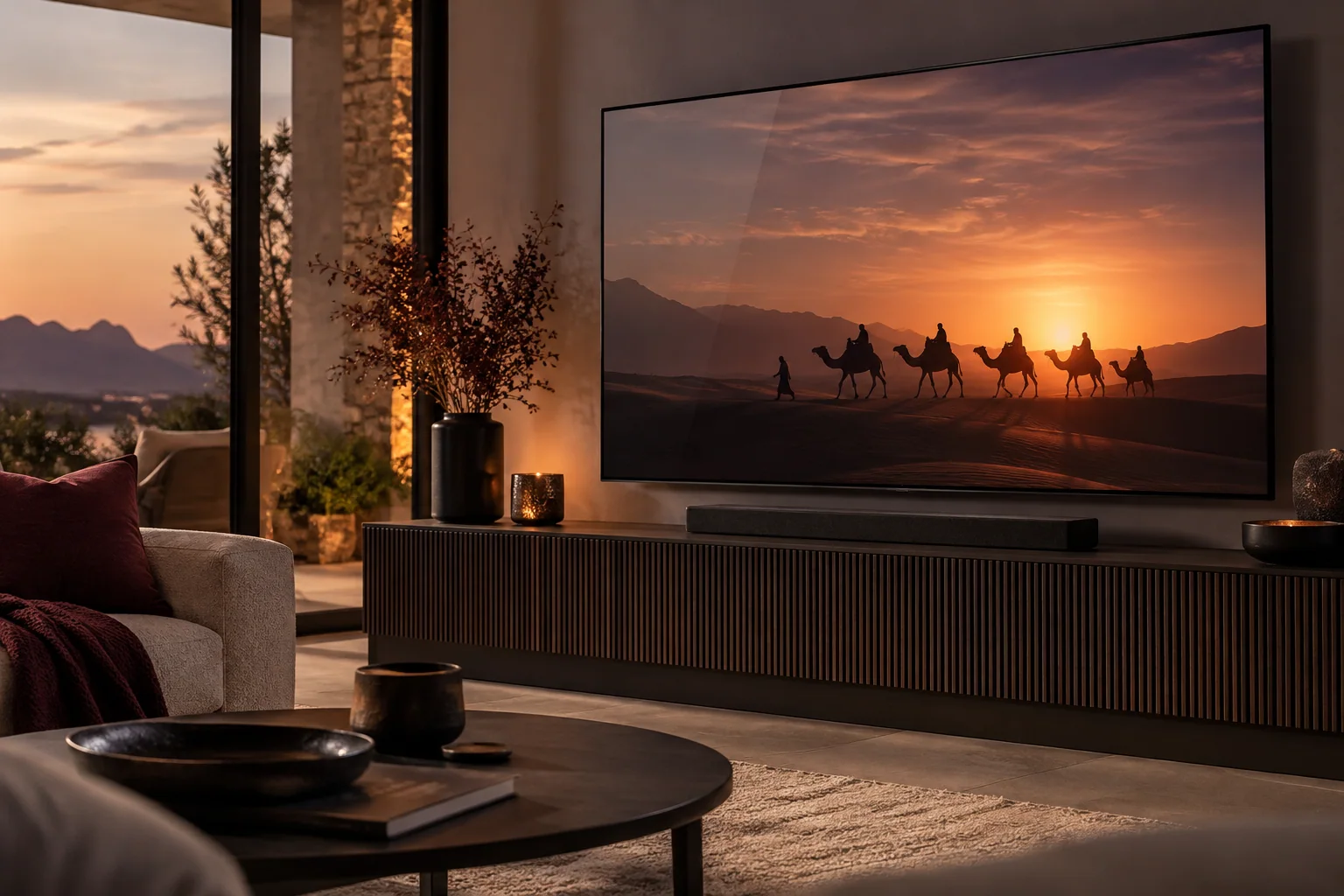Fernseher mit einer filmischen Wuestenszene im breiten Bildformat.