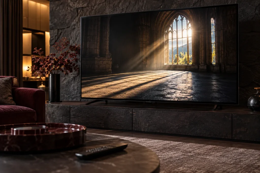 Fernseher mit einem hellen Fenster in einem dunklen Steinsaal.