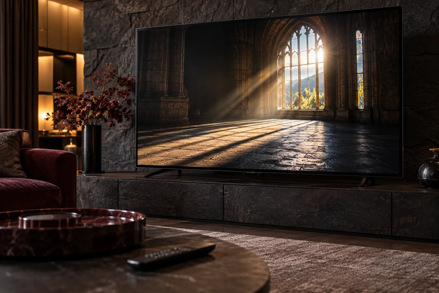 Fernseher mit einem hellen Fenster in einem dunklen Steinsaal.
