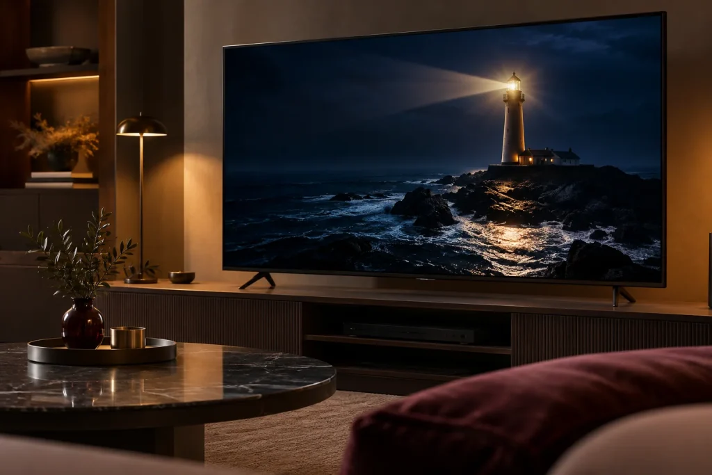 Fernsehbild eines hellen Leuchtturms vor dunklem Meer.