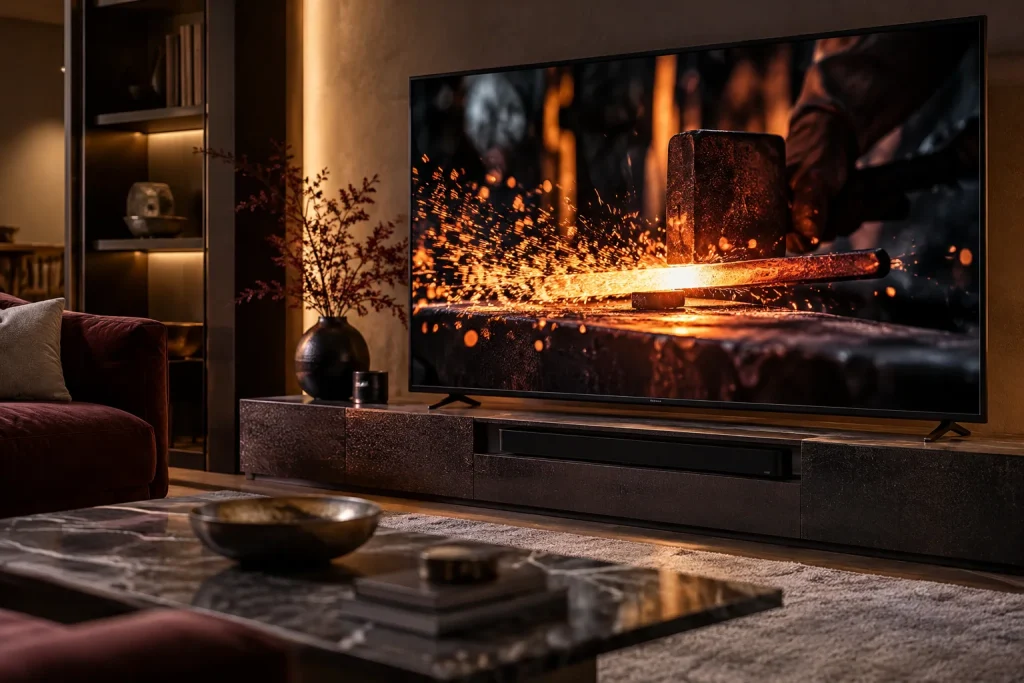 Fernseher mit hellen Funken vor dunklem Hintergrund.