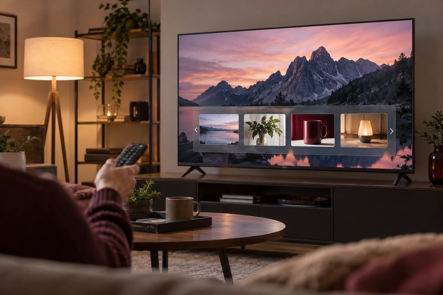 Fernseher mit einer kleinen Praesentationseinblendung und Fernbedienung.
